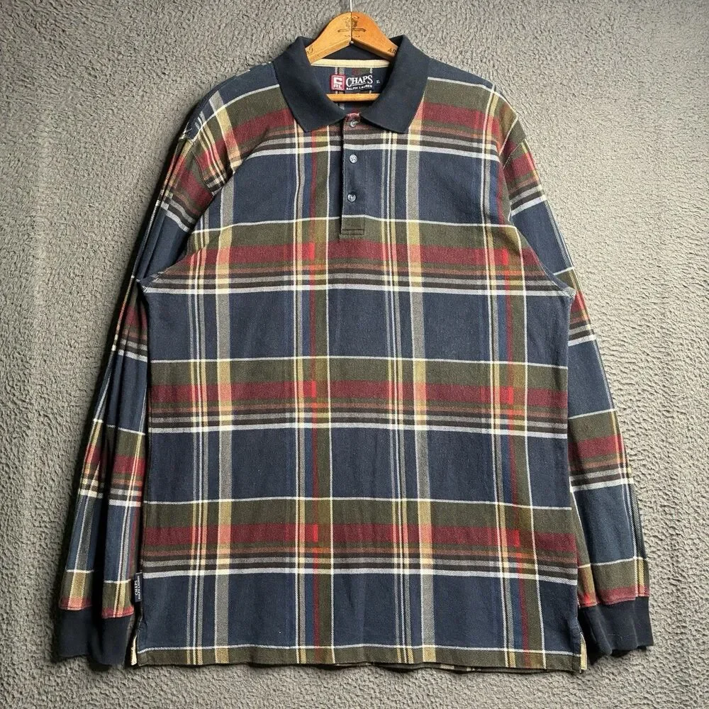 Vintage Chaps Ralph Lauren Polo Shirt Mens XL 90s Plaid Rugby Long Sleeve